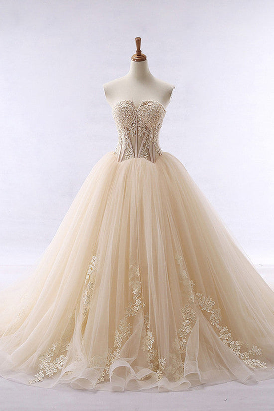 Simple Strapless Champagne Tulle Wedding Dress Sweetheart Sleeveless Appliques Bridal Gowns with Beadings On Sale-27dress
