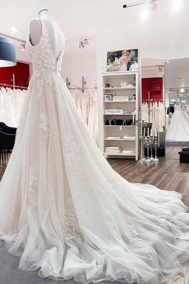 Simple Tulle Lace V Neck Appliques A-Line Wedding Dresses Long-27dress