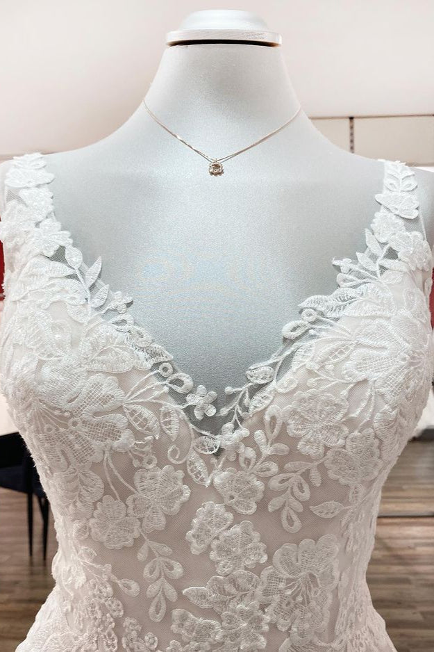 Simple Tulle Lace V Neck Appliques A-Line Wedding Dresses Long-27dress