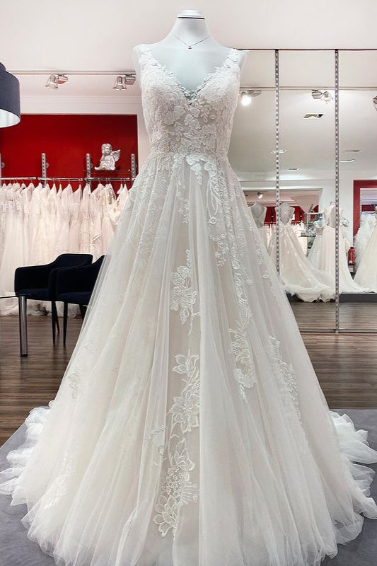 Simple Tulle Lace V Neck Appliques A-Line Wedding Dresses Long-27dress