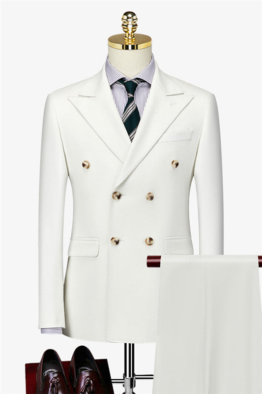 Simple Double Breasted Peaked Lapel Formal White Business Suits