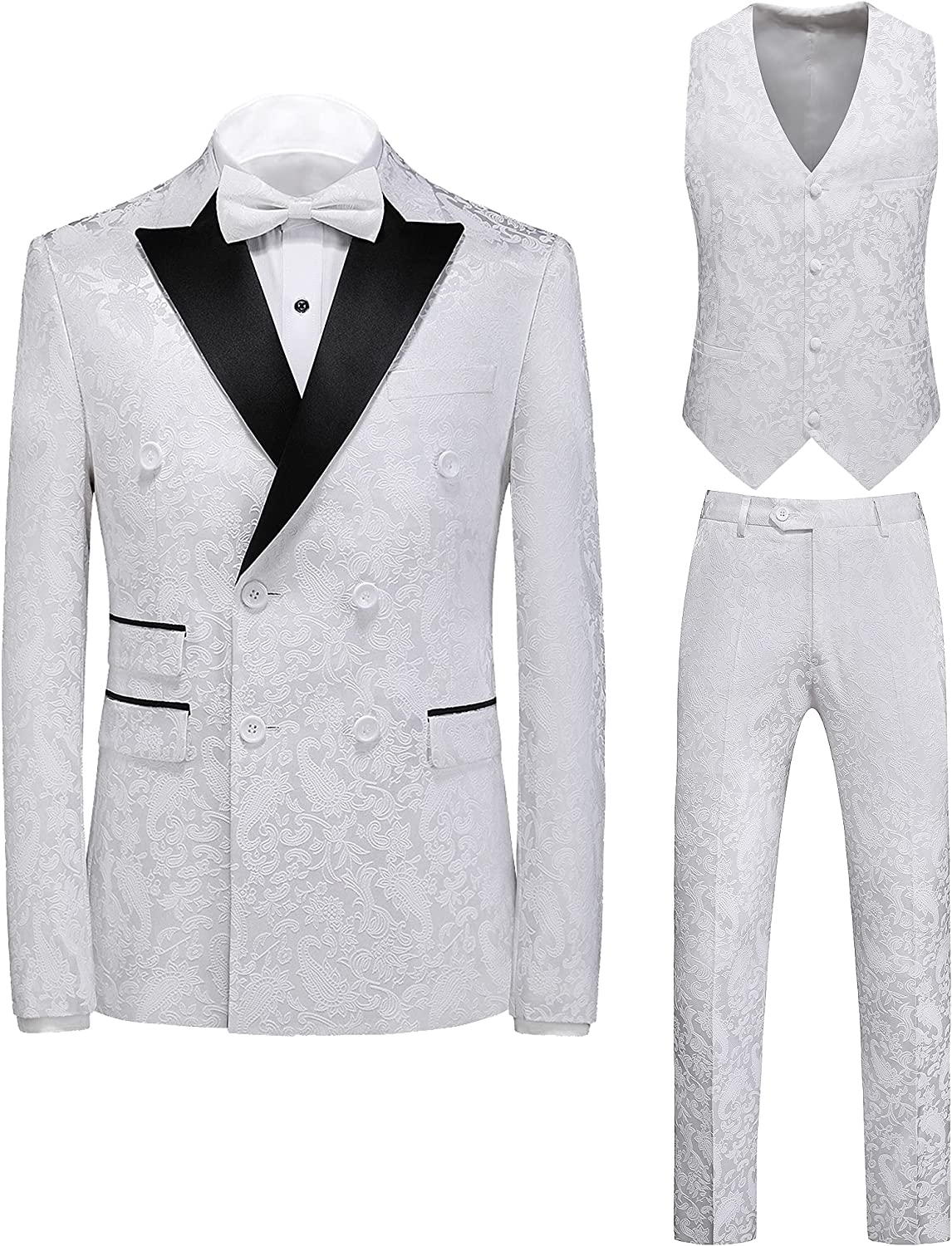 Simple Jacquard Double Breasted Three Pieces White Prom Suits