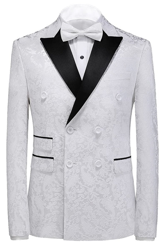 Simple Jacquard Double Breasted Three Pieces White Prom Suits