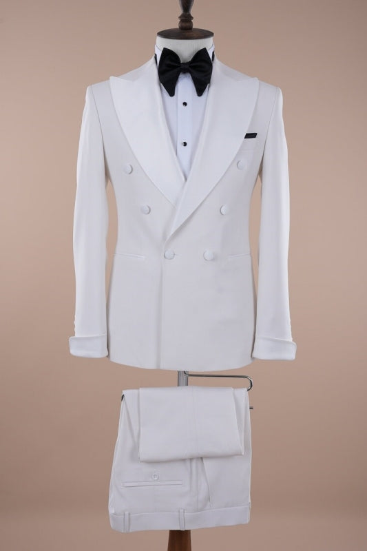 Simple Peaked Lapel Double Breasted White Prom Suits