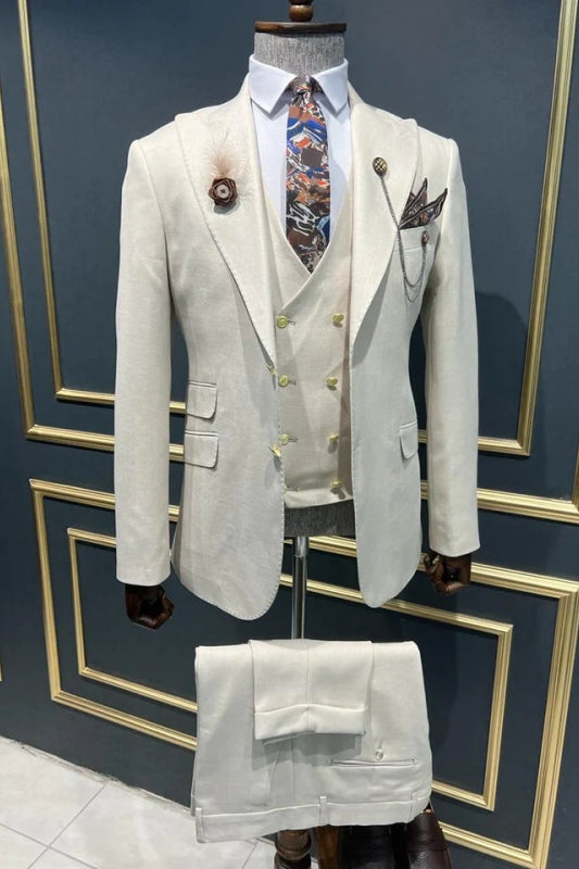 Simple Peaked Lapel Three Pieces White Prom Suits For Men