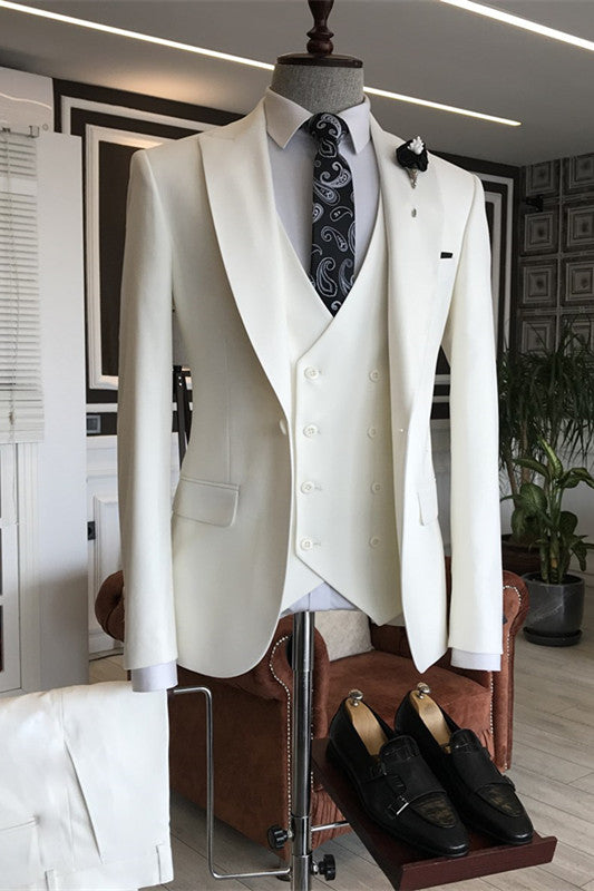 Simple Peaked Lapel Three Pieces White Wedding Suits