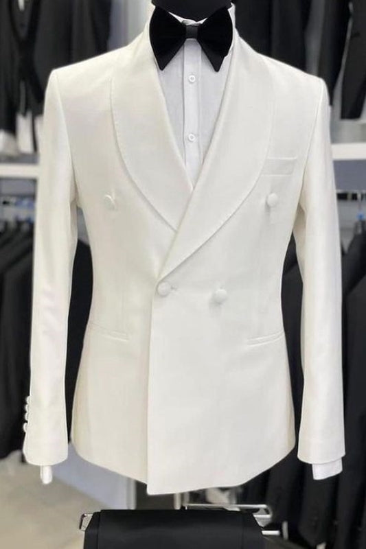 Simple Shawl Lapel Double Breasted White Wedding Suits