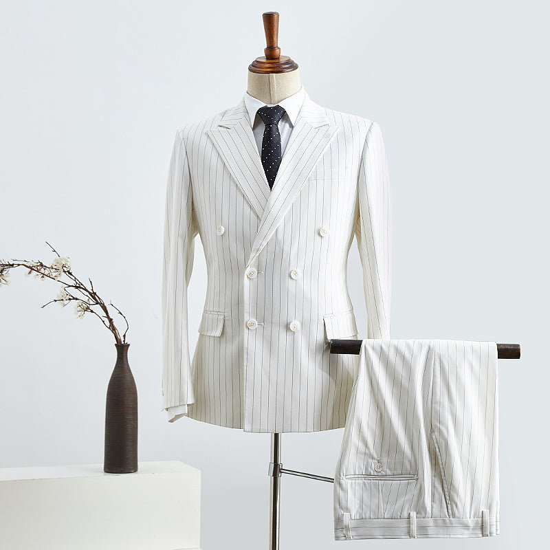 Simple White Striped Double Breasted Slim Fit Custom Suit For Business