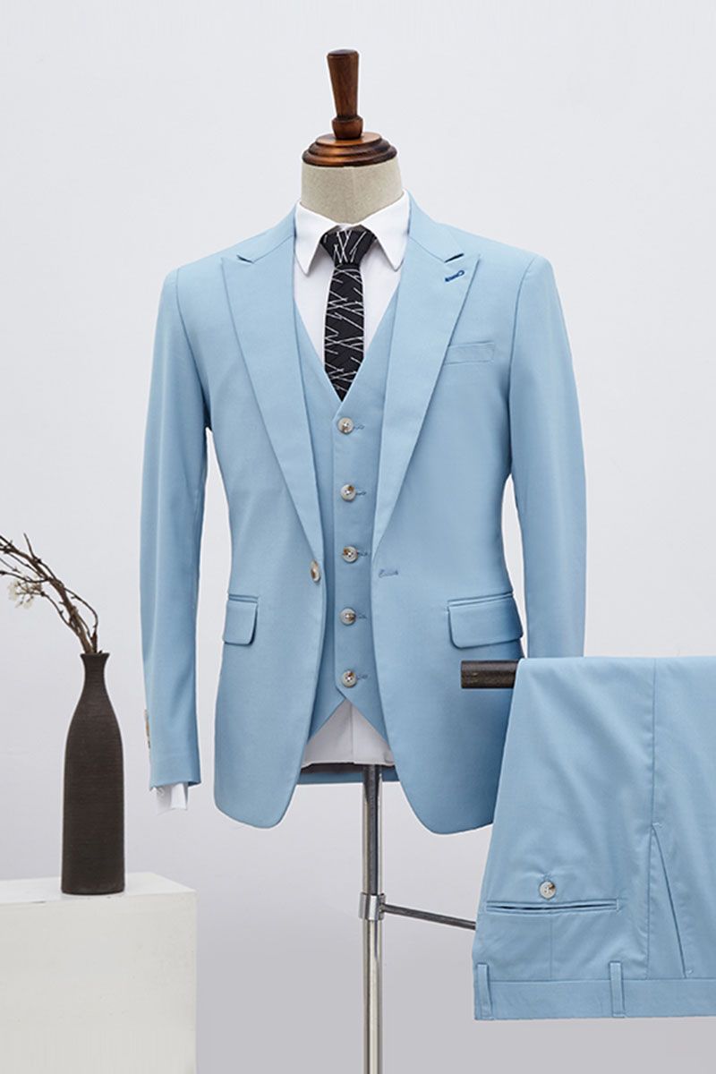 Sky Blue 3 Pieces Single Breasted Slim Fit Custom Business Suit