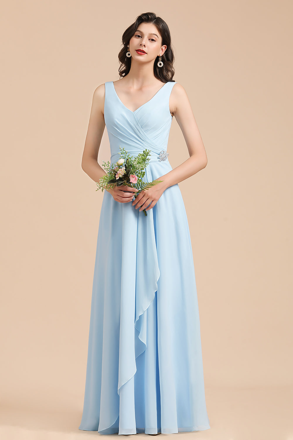 Light Blue Chiffon Long Sleeveless V-Neck Bridesmaid Dress with Ruched 27dress Light Blue Chiffon Long Sleeveless V-Neck Bridesmaid Dress with Ruched 27dress