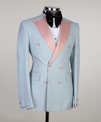 Sky Blue Double Breasted Men Suits With Pink Peaked Lapel