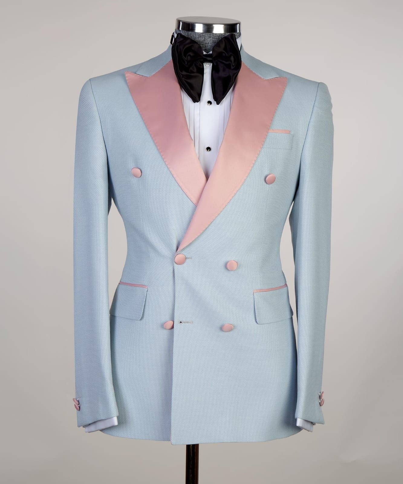 Sky Blue Double Breasted Men Suits With Pink Peaked Lapel