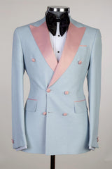 Sky Blue Double Breasted Men Suits With Pink Peaked Lapel