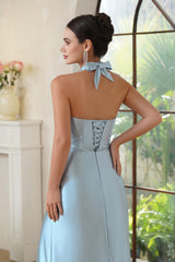 Sky Blue Halter Sheath Long Prom Dress with High Slit-27dress