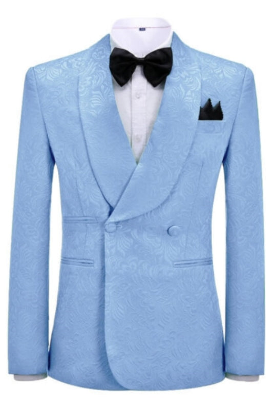 Sky Jacquard Double Breasted Blue Wedding Suits Shawl Lapel Two Pieces Wedding Wear Suits
