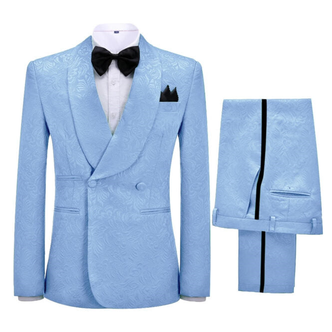 Sky Jacquard Shawl Lapel Double Breasted New Arrival Blue Wedding Suits