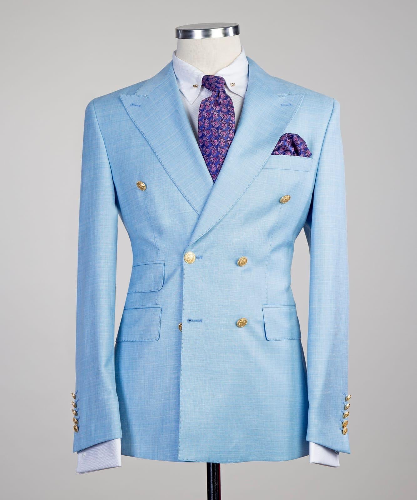 Sky New Arrival Peaked Lapel Double Breasted Two Pieces Blue Prom Suits