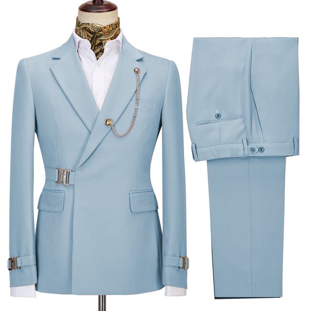 Sky Blue Notched Lapel Two Pieces Business Men Suits