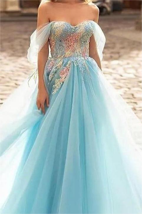 Sky Blue Off the Shoulder Tulle Sleeveless Sweetheart A Line Long Prom Dress
