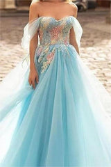 Sky Blue Off the Shoulder Tulle Sleeveless Sweetheart A Line Long Prom Dress