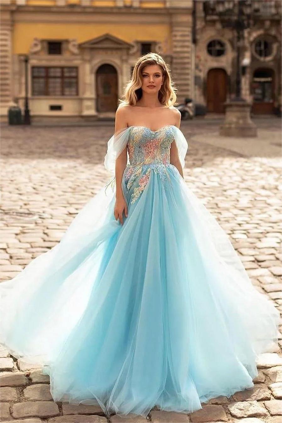 Sky Blue Off the Shoulder Tulle Sleeveless Sweetheart A Line Long Prom Dress