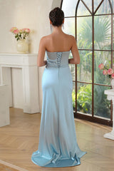 Sky Blue One Shoulder Sleeveless Sheath Long Prom Dress-27dress
