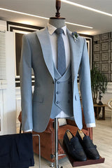 Sky Peaked Lapel Three Pieces Glamorous Blue Business Suits