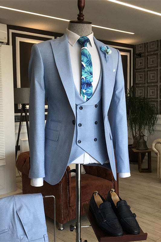 Sky Blue Peaked Lapel Three Pieces Men Suits For Prom
