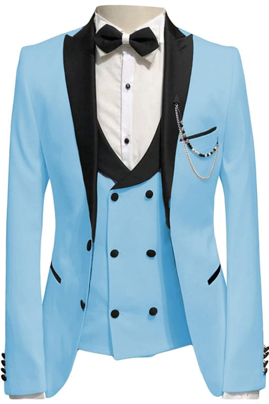 Sky Peaked Lapel Three Pieces New Arrival Blue Prom Suits