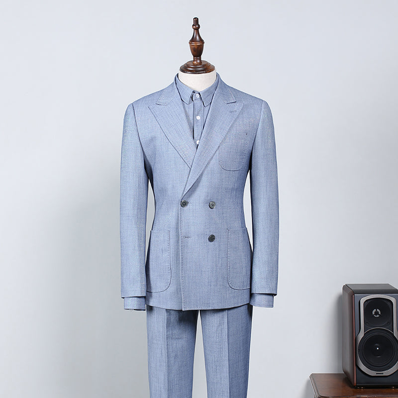 Sky Blue Plaid Peaked Lapel Tailored Business Suit
