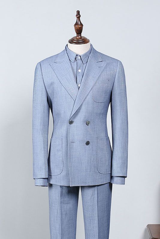 Sky Blue Plaid Peaked Lapel Tailored Business Suit