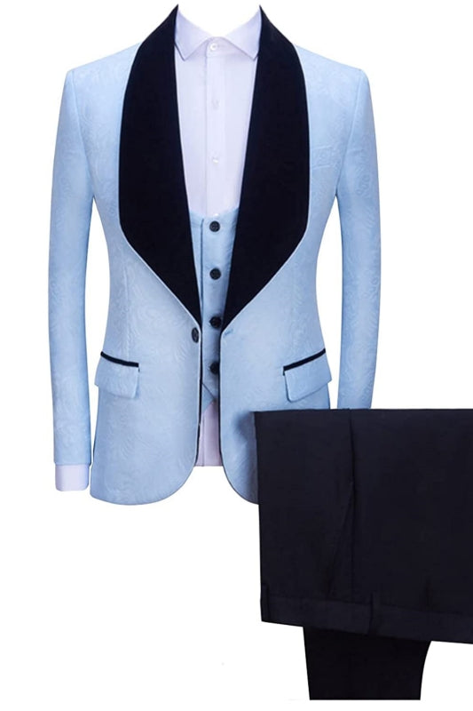 Sky Shawl Lapel Three Pieces Jacquard Blue Wedding Suits
