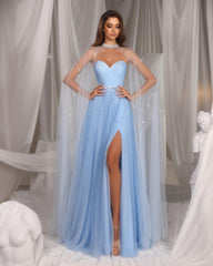 Sky Blue Split Sweetheart Strapless Paillette Tulle Prom Dress