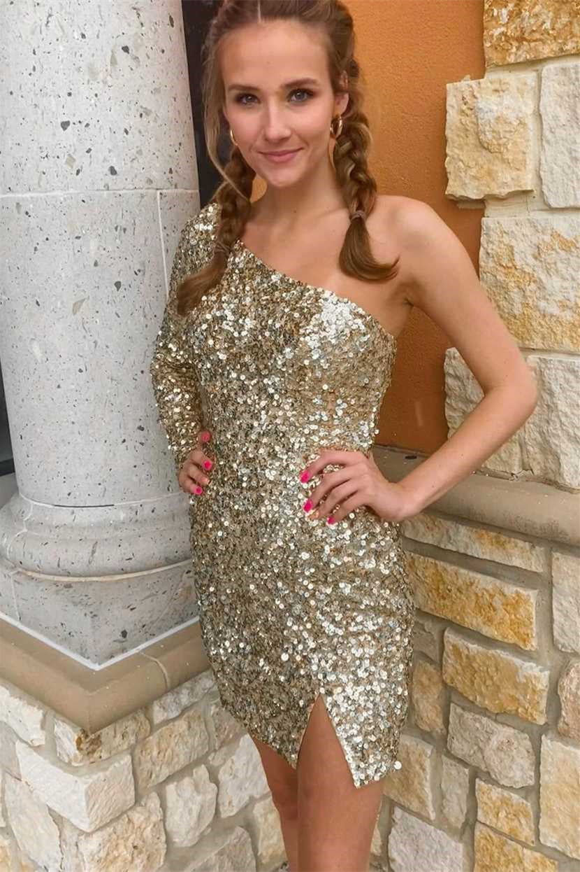 Sky Blue Stunning Long Sleeve One Shoulder Prom Split Dress Short With Sequins