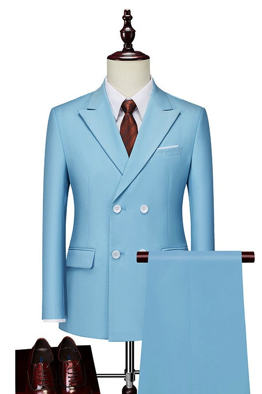 Sky Two Pieces Peaked Lapel Double Breasted Blue Prom Suits For Men