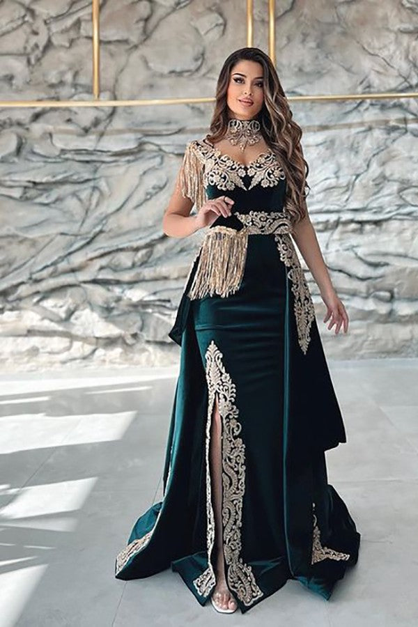 Sleeveless Applique Split Mermaid Prom Dress Dark Green With Detachable Skirt