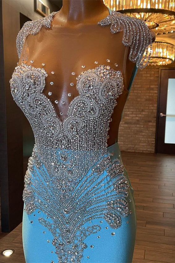 Sleeveless Blue Popular Long Mermaid Prom Dress Appliques With Beadings