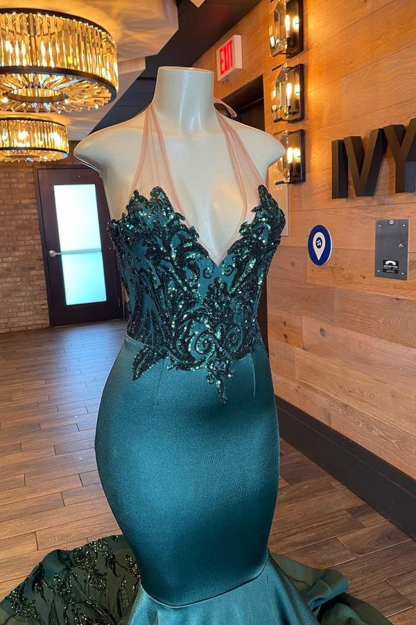 Sleeveless Halter Mermaid Unique Prom Dress Appliques With Beads