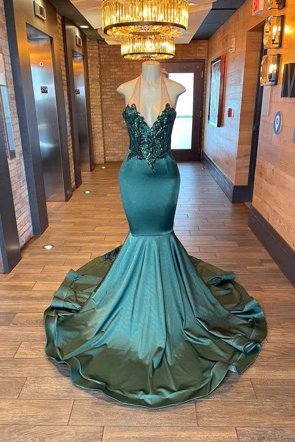 Sleeveless Halter Mermaid Unique Prom Dress Appliques With Beads