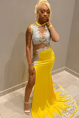 Sleeveless Jewel Neck Long Mermaid Prom Dress With Split Appliques