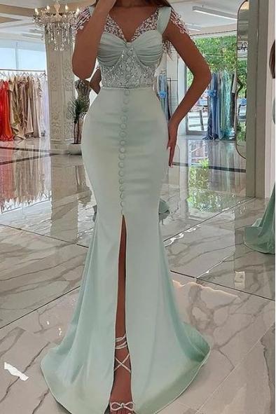 Sleeveless Long Mermaid Front Split Prom Dress With Beading