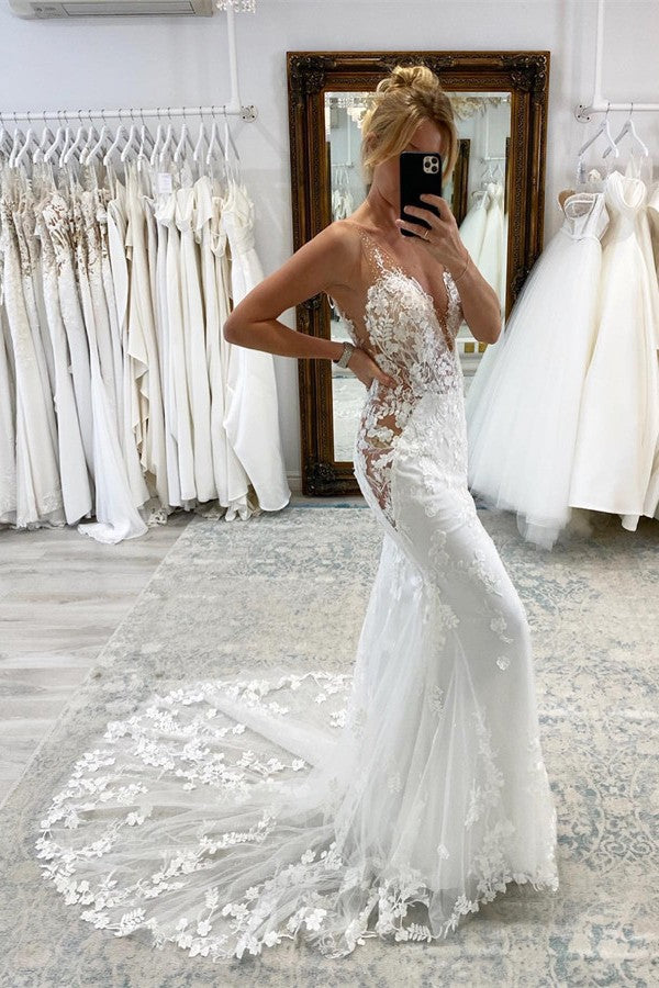 Sleeveless Mermaid Lace Wedding Dress Long Online-27dress