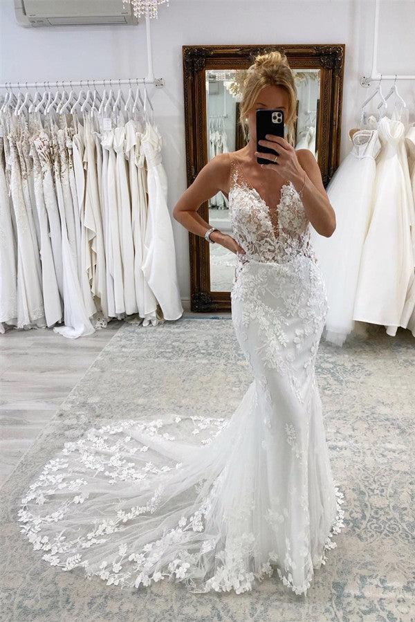 Sleeveless Mermaid Lace Wedding Dress Long Online-27dress
