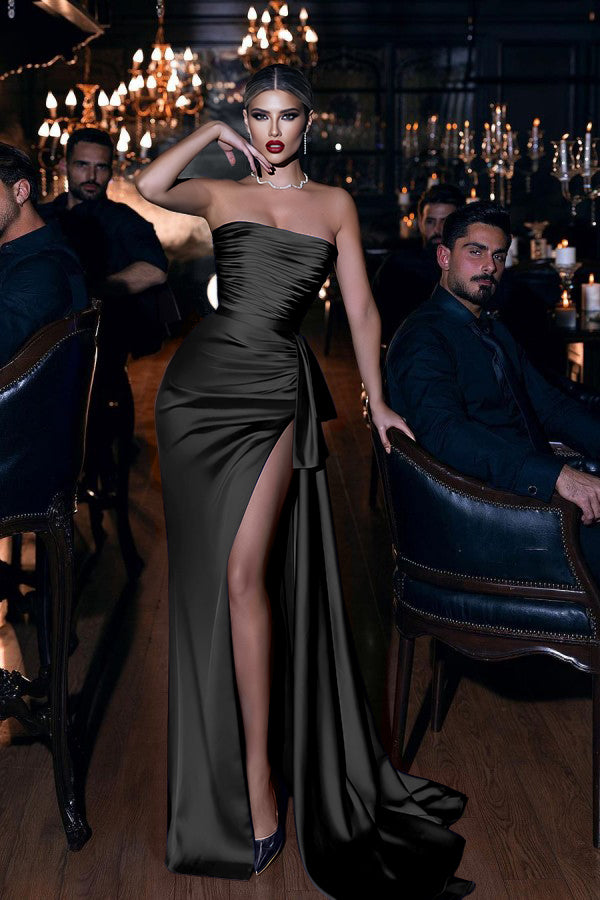 Sleeveless Mermaid Royal Blue Prom Dress Strapless Long With High Split