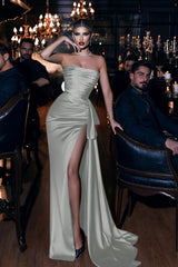 Sleeveless Mermaid Royal Blue Prom Dress Strapless Long With High Split