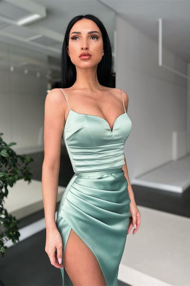 Sleeveless Mermaid Spaghetti Strap Pleated Long Prom Dress With High Split