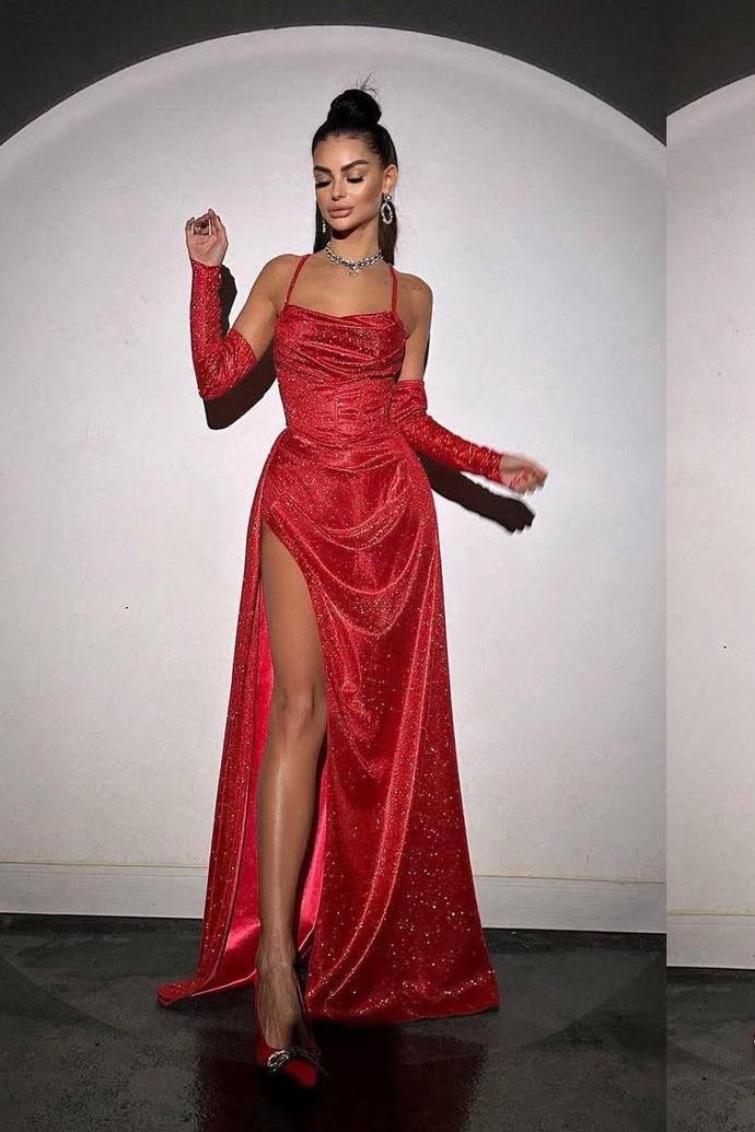 Sleeveless Spaghetti Strap Long Split Prom Dress With Sequins