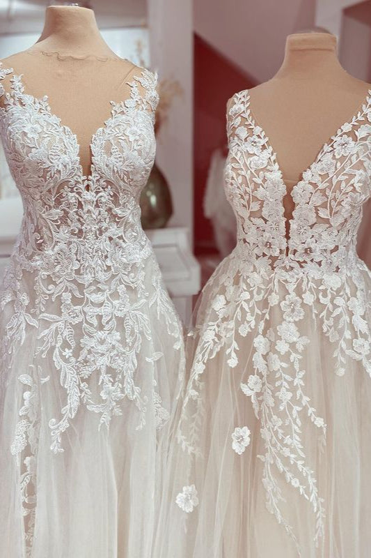 Sleeveless Wedding Dress Lace Appliques Tulle-27dress