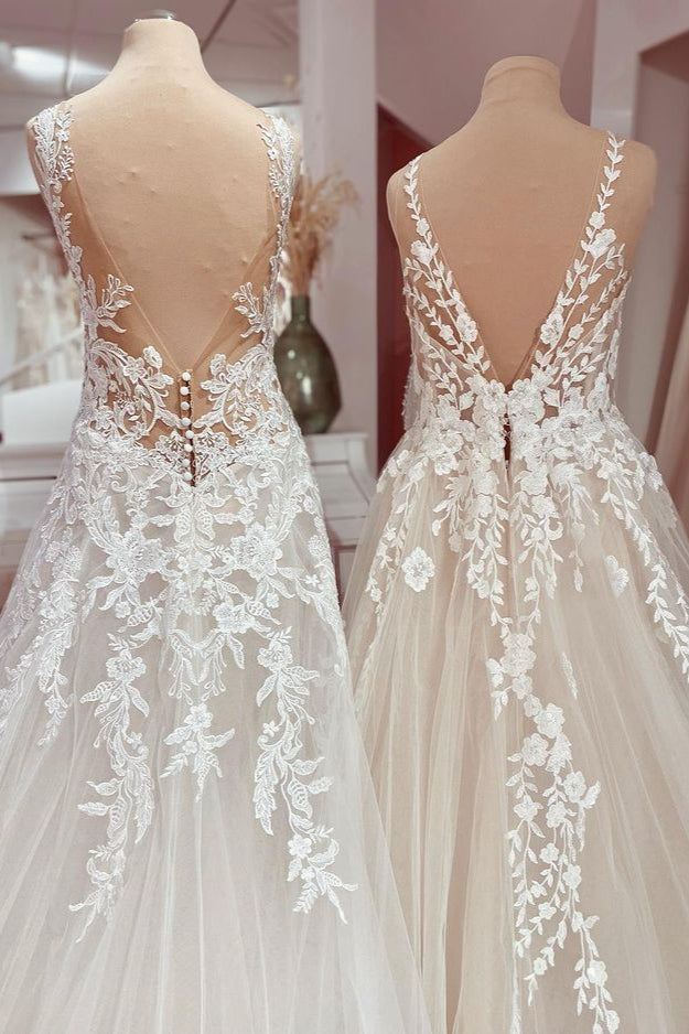Sleeveless Wedding Dress Lace Appliques Tulle-27dress