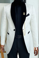 Slim Fit Jacquard White Wedding Suits With Black Shawl Lapel